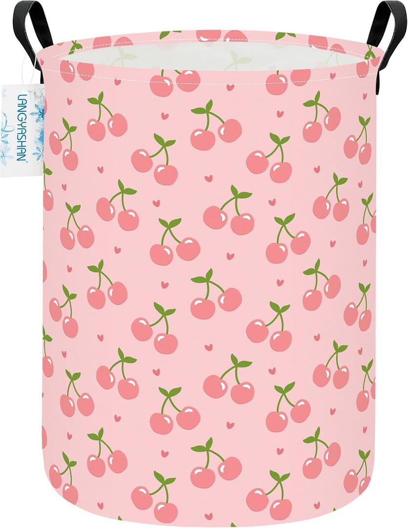 Laundry Basket Canvas Fabric Collapsible Organizer Basket for Storage Bin Toy Bins Gift Baskets Bedroom Clothes Children Nursery Hamper (Pink Cherry)