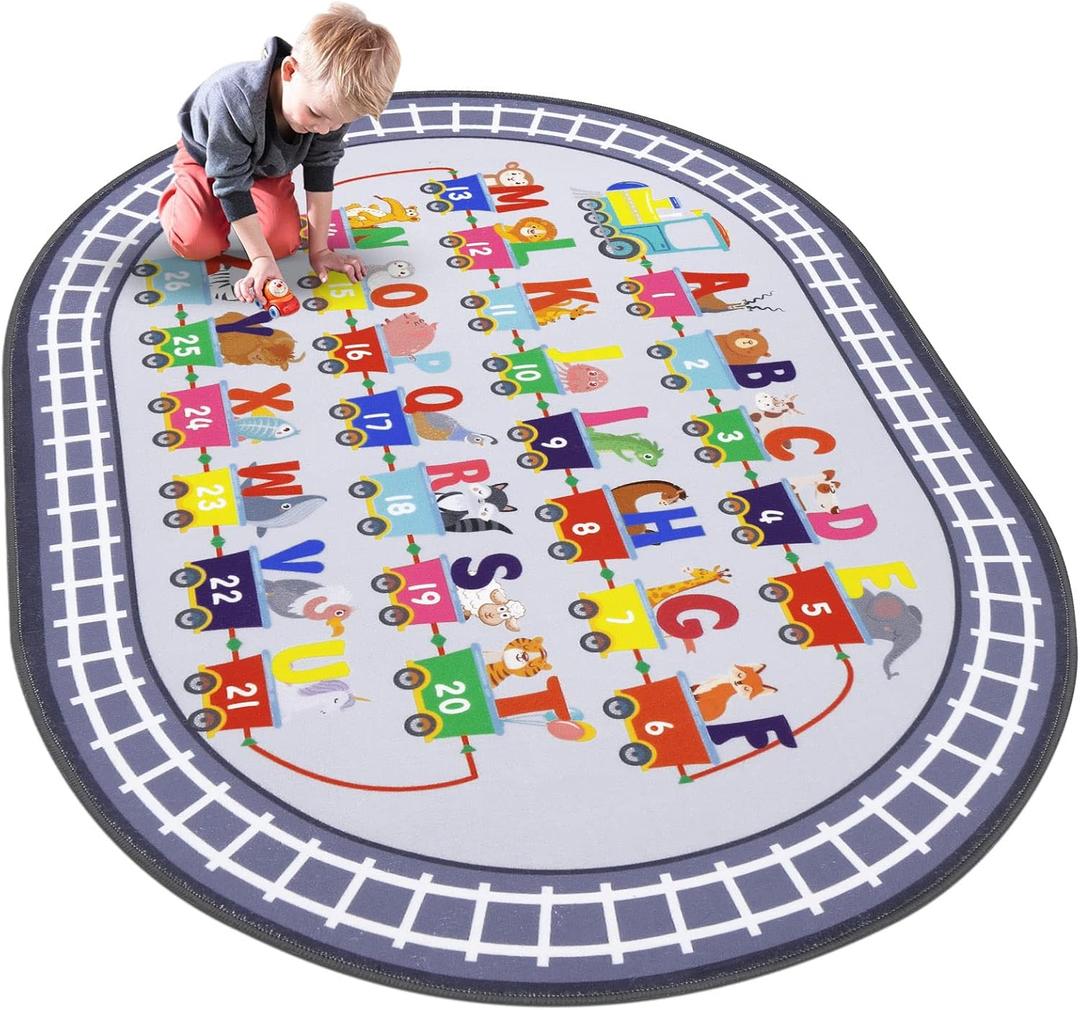 HiiARug Kids Carpet Playmat Rug ABC Alphabet, Numbers, Train and Road Themed Play Rug Educational Classroom Rug Play Mat for Kids Bedroom Playroom Decor,Grey, 3'3" x 5'