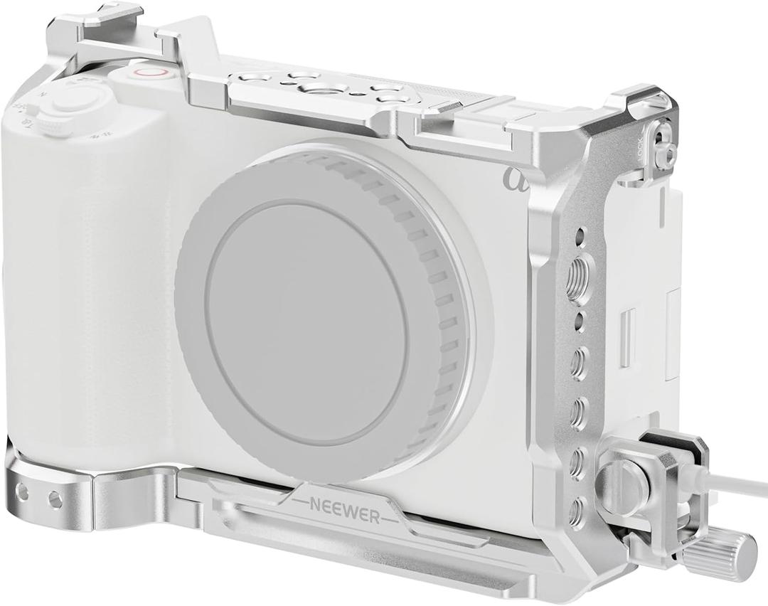 NEEWER ZV-E1 Camera Cage with HDMI Cable Clamp, NATO Rail 3/8" ARRI Locating Holes 1/4" Threads, Arca Type Base, Metal Video Rig Compatible with Sony ZV-E1 Compatible with DJI RS RSC, Silver, CA025W