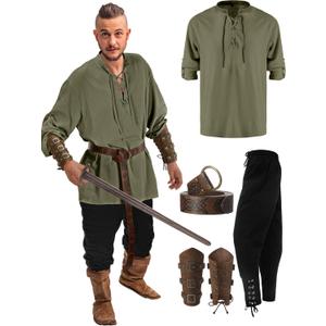 Jiuguva 4 Pcs Halloween Men's Renaissance Costume Set Medieval Pirate Shirt Ankle Banded Pants Viking Belt Accessories (Large, Vivid Color)