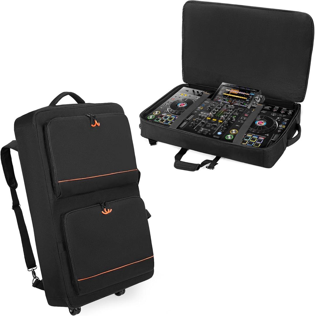 Rexmica DJ Controller Bag Backpack with Wheels Compatible with Pioneer XDJ RX2/ XDJ RX3/ XDJ-RX/DDJ FLX10/ DDJ REV7/ DDJ 1000, Wheeled DJ Carrying Case with 2 Accessory Pocket, Padded DJ Mixer Bag