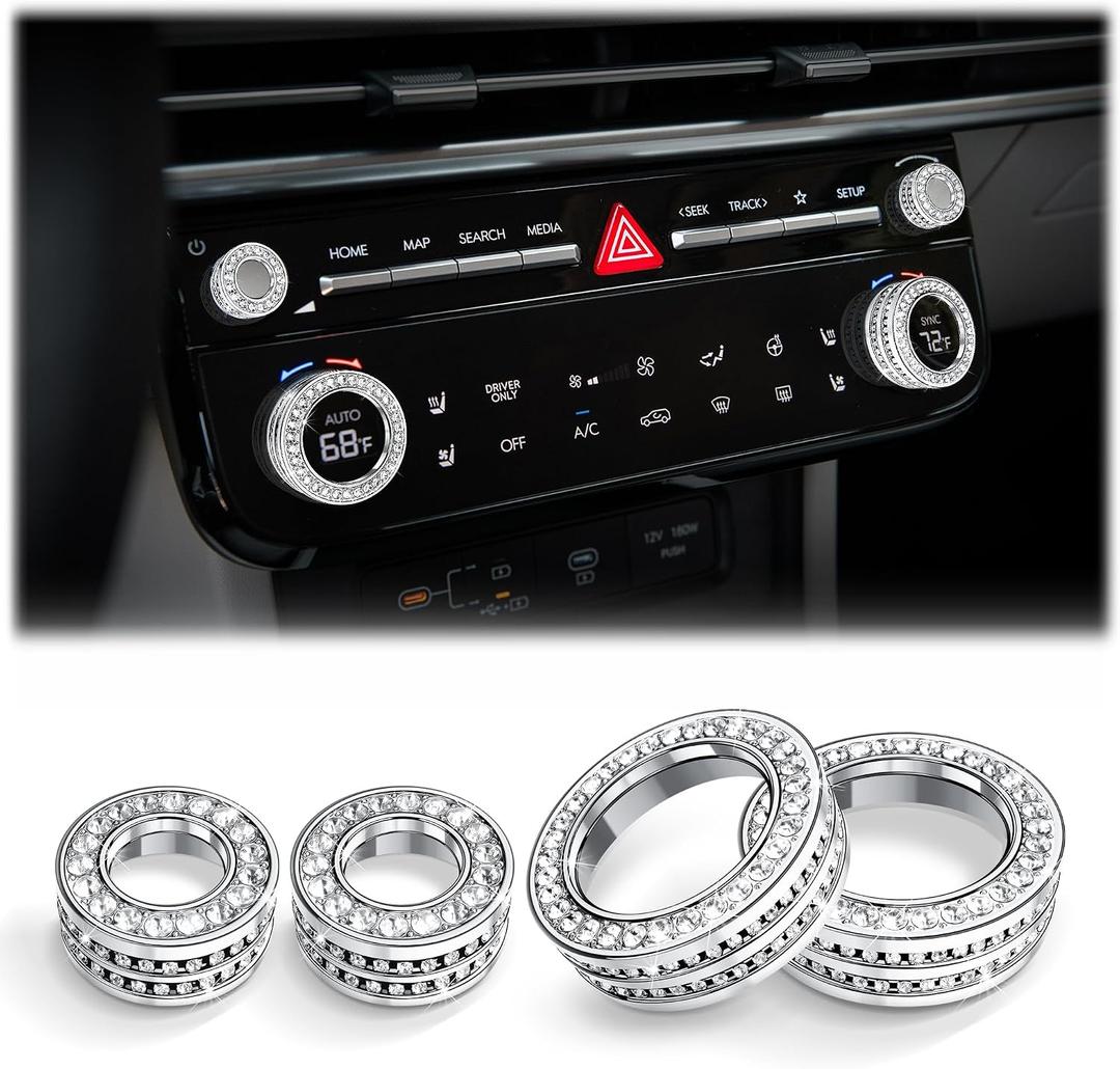 4PCS Crystal Knob Cover Trim Set - Zinc Alloy Rhinestone Interior Bling Accessories, Stylish Control Knob Caps Compatible with 2024-2026 Hyundai Santa Fe, 2025-2026 Santa Cruz & Tucson