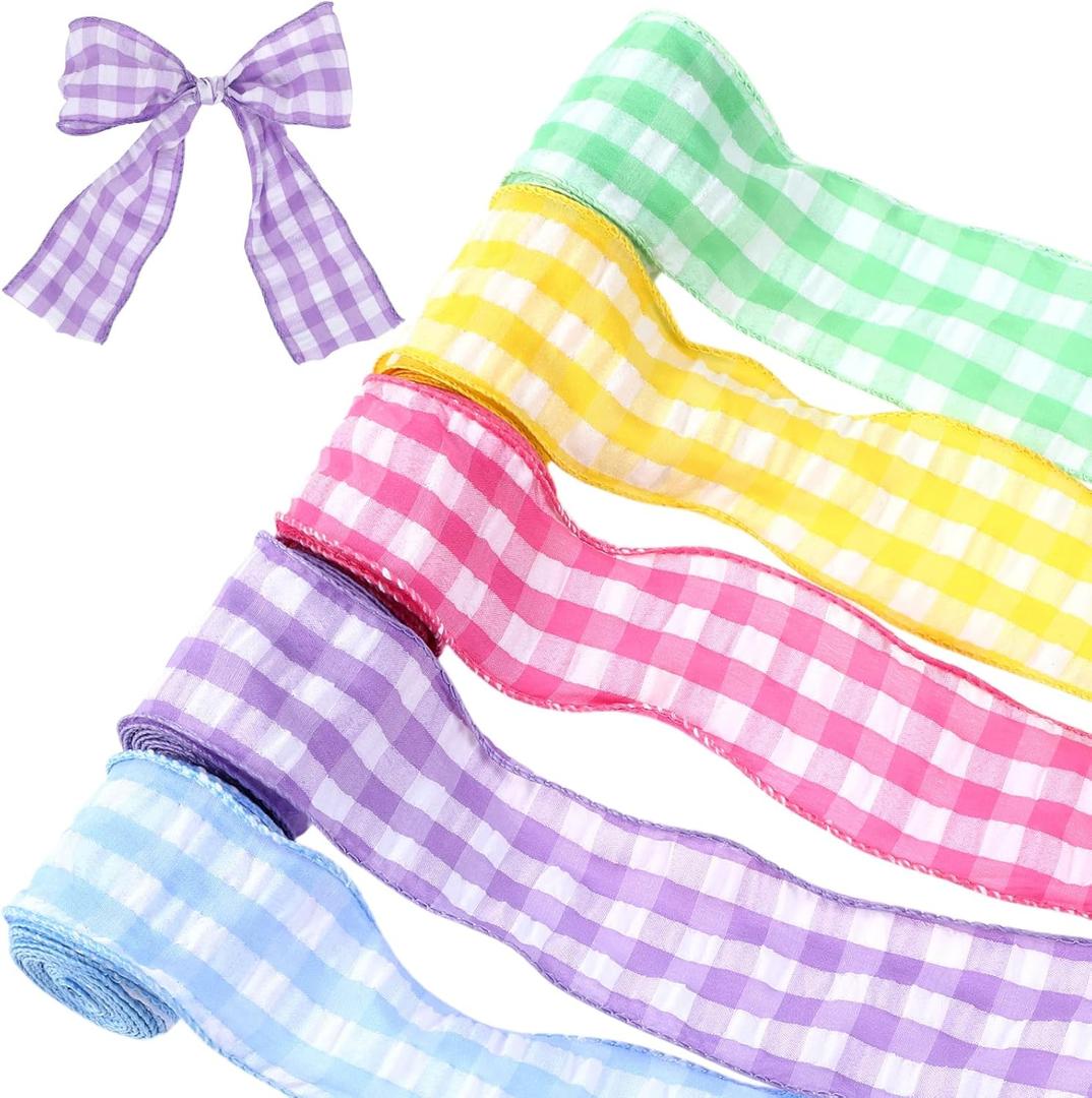 Dingion 5 Roll Gingham Ribbon Spring Pastel Plaid Ribbon Ruffled Edge Checkered Decorative for Wreath Bow Making DIY Crafts Wrapping Wedding Bouquet Decor(Wired,2.5 Inch X 5 Yards)