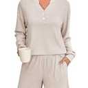 Braroz Womens Ribbed Knit 2 Piece Lounge Sets Outfits Long Sleeve Top and Shorts Pajama Sets Loungewear with Pockets Apricot M
