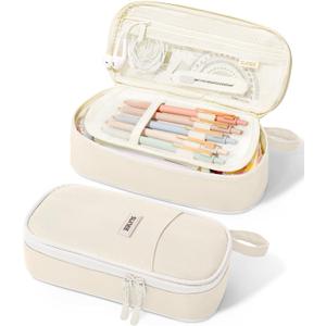 SUNEE Cute Pencil Case, Aesthetic Pen Pouch, Colored Large Pencil Bag with Zipper, Kawaii Stationery Storage and Organizer, School Supplies for Teen and Adult Girls, Beige