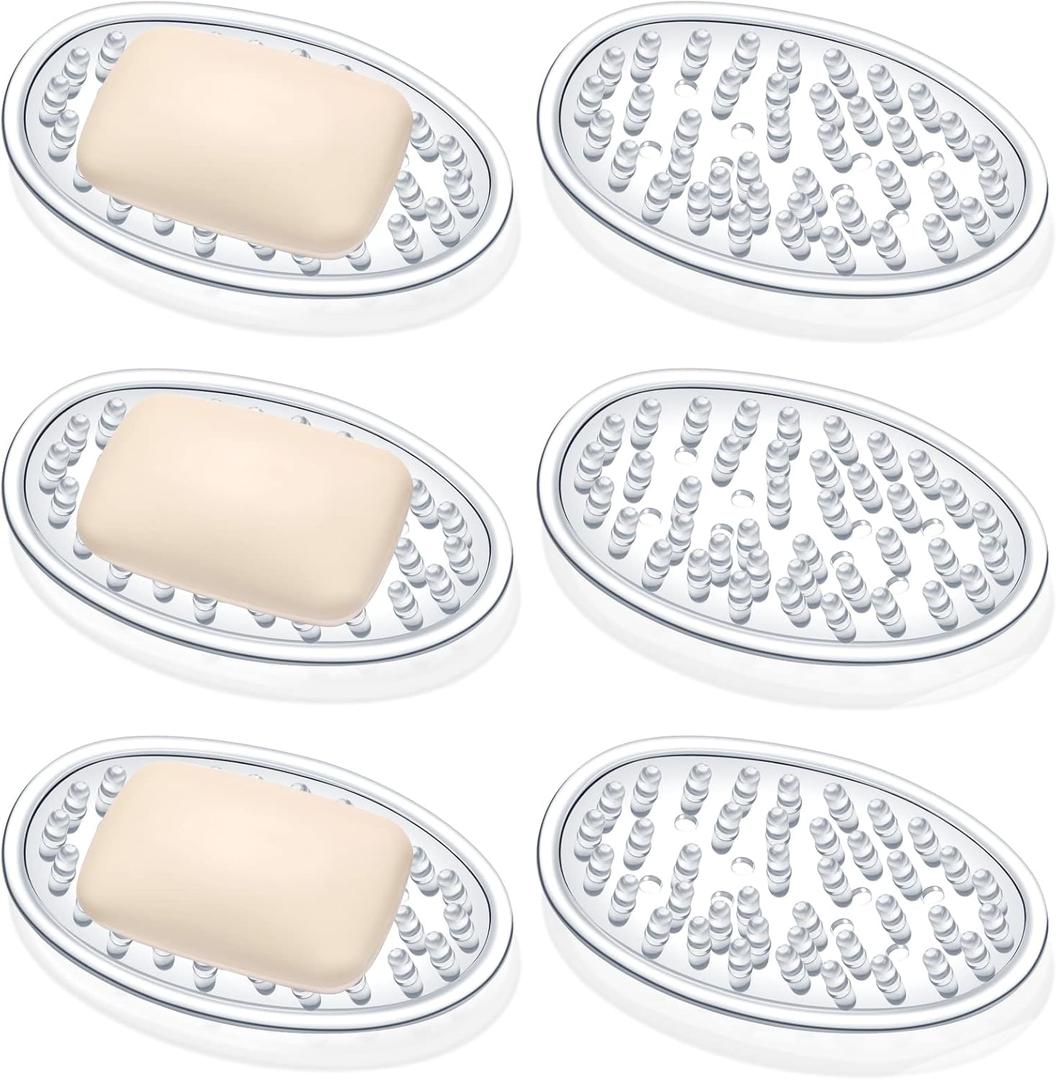 Plastic Soap Holder Soap Dish Bar Saver Tray with Holes Soap Sponge Holder for Kitchen Bathroom Shower Counter, 4.5 x 3 x 0.7 Inches (Clear,6 Pcs)