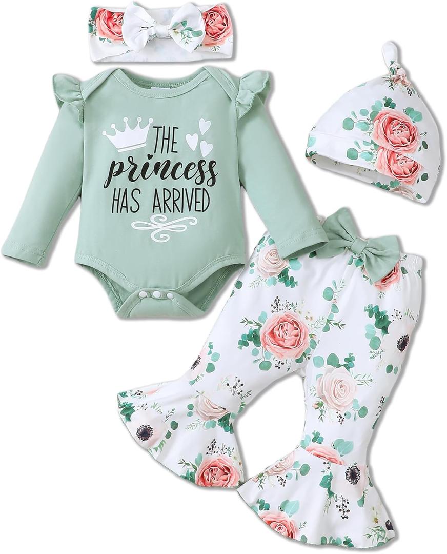 Newborn Baby Girl Clothes Infant Outfits Clothing Ruffle Romper Bell Bottoms Flared Pants Outfit Sets for Baby Girls (12-18 Months, Light Green)