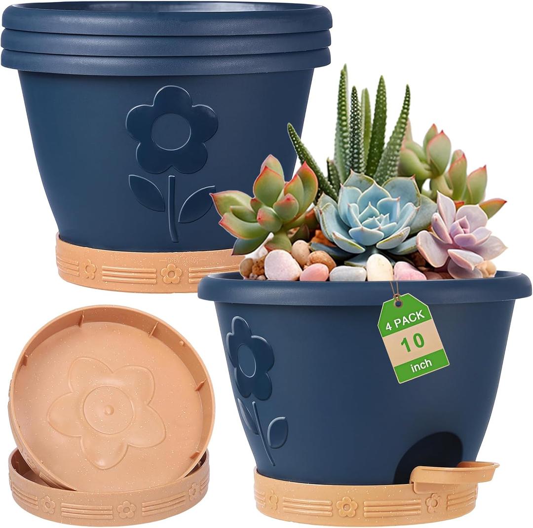 gegemaoyi Plastic Plant Pots 10 Inch Set of 4, Self Watering Pots with Drainage Holes, Saucer & Reservoir, Flower Pots for Indoor/Outdoor Plants, Decorative Nursery Planting Pots (Blue)