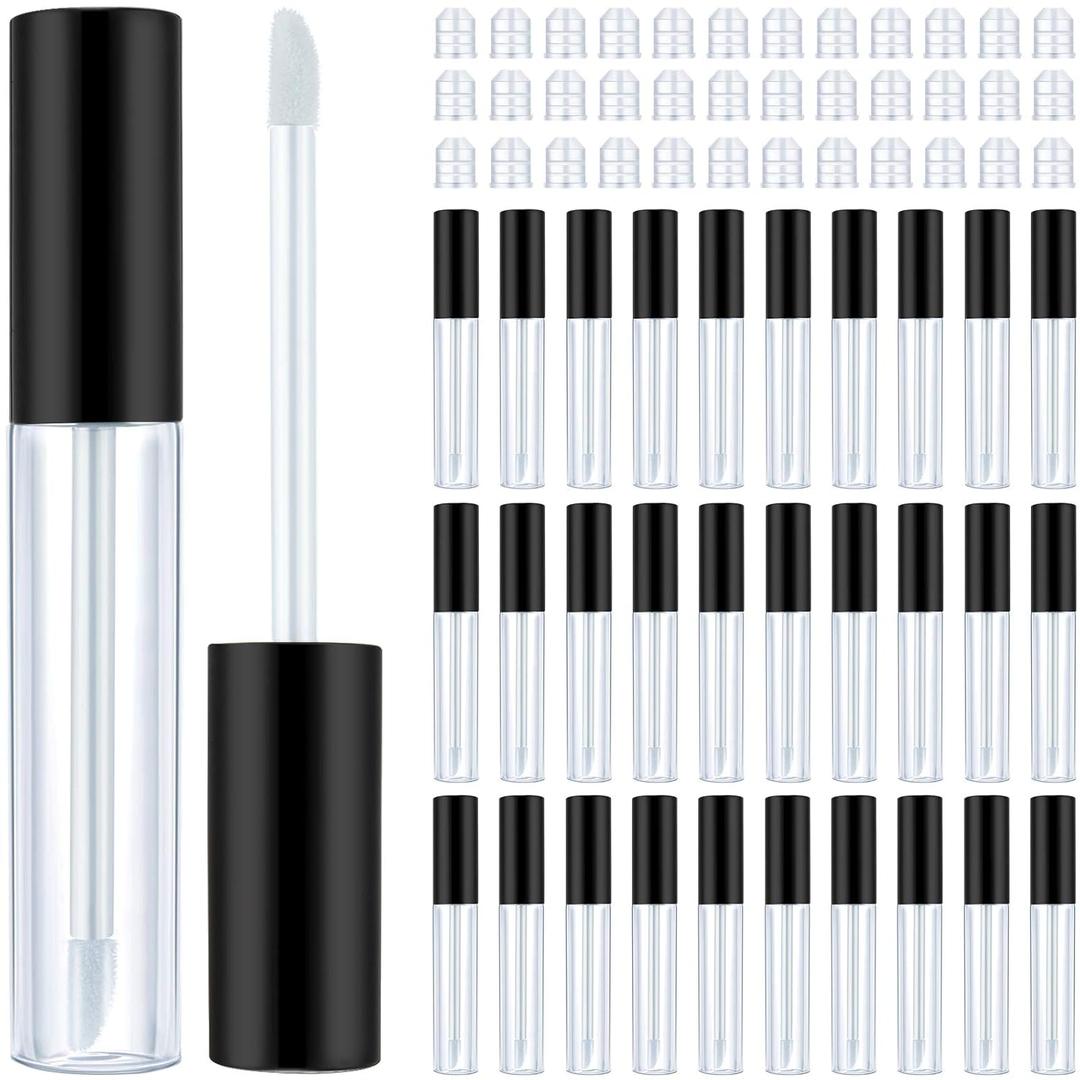 Patelai 50 Pack 10 ml Empty Lip Gloss Tube Containers Clear Refillable Lip Balm Bottles Plastic Lipstick Tubes with Rubber Inserts Cosmetic Tools for Travel, DIY Makeup, Personal Cosmetic(Black)