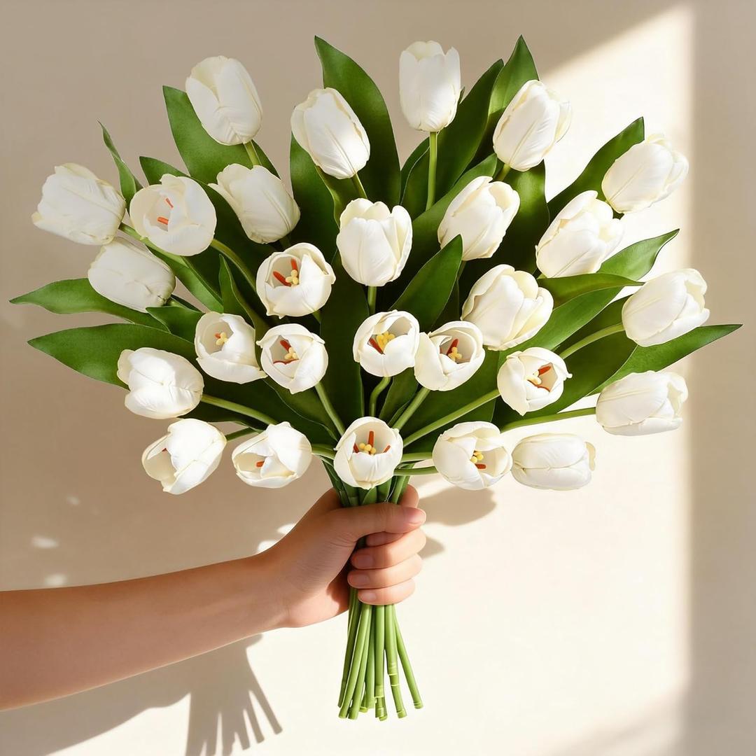 Livole 12 Pcs White Tulips Artificial Flowers Real Touch Tulips Fake Faux Tulip Flower Bouquet for Arrangement Wedding Spring Home Decor Floral Party Centerpiece 14 Inch