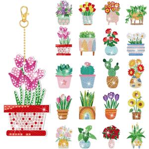 Misdary 20 Pcs Potted Flowers Diamond Art Keychains Double Side Diamond Painting Keychains Kit Flowers Ornaments for Home DIY Crafts Party Decor
