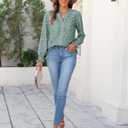 CiCiBird Womens Casual V Neck Blouses Button Down Shirts Long Sleeve Floral Print Business Work Tops (Green, L)