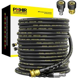 POHIR Pressure Washer Hose 70ft with 3/8" Quick Connector, High Tensile Wire Braided Kink Resistant 1/4 Inch Power Washer Hose 4200 PSI, 2pcs M22 14mm to 3/8" Adapter Set, Multi-Scene Use