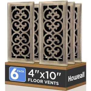 4x10 Inches 6 Pack Heavy Duty Walkable Floor Register - Easy Adjust Air Supply Lever Decorative Floor Vent Covers, Charlotte Design Vent Covers for Home - Antique Brass