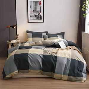VM VOUGEMARKET Plaid Duvet Cover King, Black Gray Checkered Bedding Set with Zipper Ties, Simple Luxury Boys Men Comforter Cover Set Soft Cotton Home Bedding-104x90