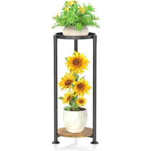 KMOTASUO 2 Tier Black Plant Stand Indoor for Large Tall Heavy Duty Planter, Multiple Sturdy Metal Flower Corner Rack for Narrow House Floor, Iron Vertical Level Round Orchi Holder Organizer, Modern