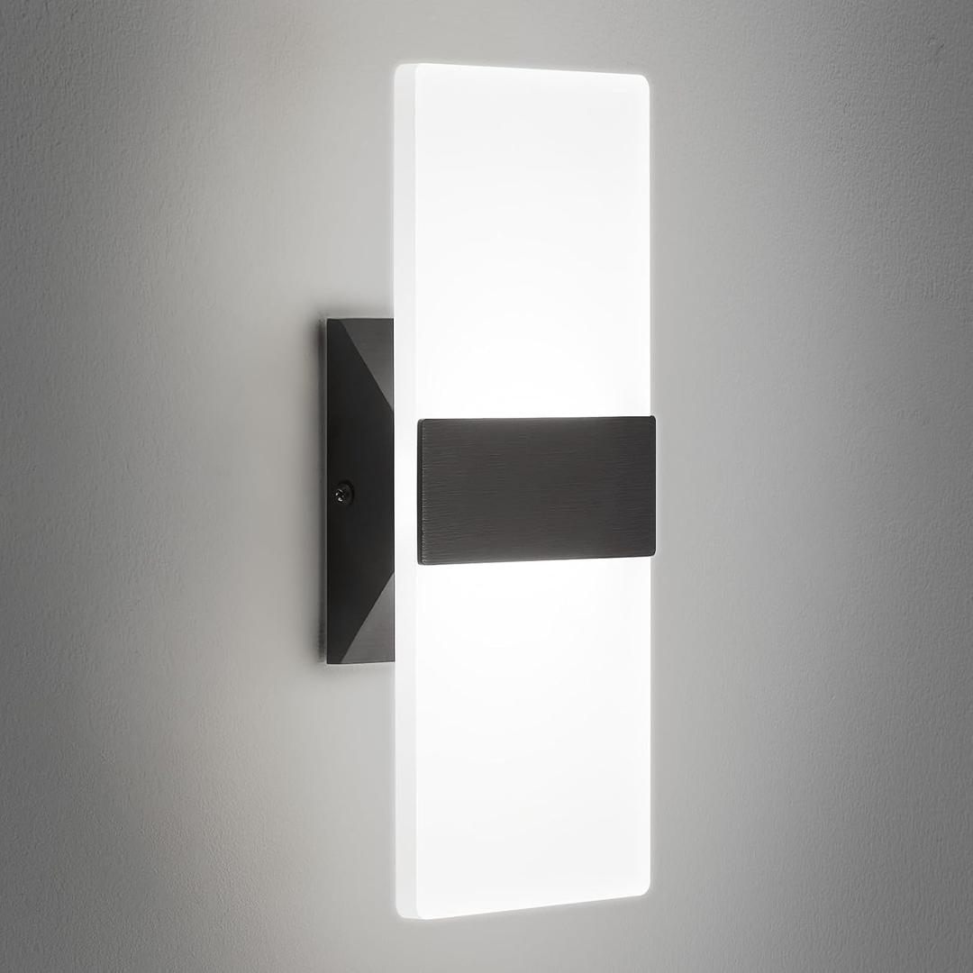 12 Inch Modern Black LED Wall Sconce, Indoor Dimmable Wall Lights, 12W 2700K-5000K Adjustable, Hardwired Up and Down Acrylic Wall Mount Light for Living Room Bedroom Hallway, ETL