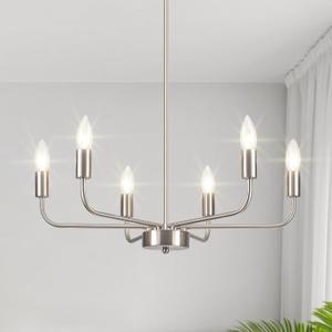 Modern Brushed Nickel Chandelier for Dining Room, 6-Light Candle Chandelier, 22" Transitional Hanging Ceiling Light Fixture for Living Room, Foyer, Entryway, Kitchen