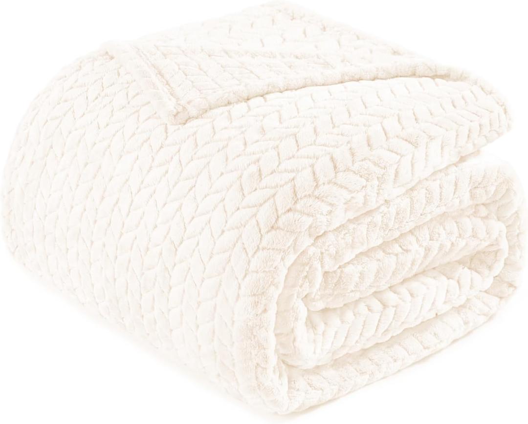 Exclusivo Mezcla Fleece Blanket Queen Size for Bed, Soft Fuzzy Plush Warm Lightweight Jacquard Flannel Blankets for Women, 90x90 Inches, Off White