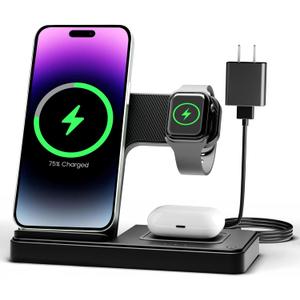 Wireless Charger iPhone Charging Station: 3 in 1 Charger Stand Multiple Devices for Apple - iPhone 16e 16 15 14 Pro Max 13 12 11 - Watch 10 9 8 7 6 5 4 3 2 SE and Ultra Series - Airpods 4 3 2 Pro (Black)