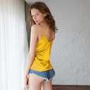 Wantschun Womens Silk Satin Camisole Cami Plain Strappy Vest Top T-Shirt Blouse Tank Shirt V-Neck Spaghetti Strap XS-4X (Yellow, S)