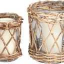 Deco 79 Glass Handmade Candle Holder with Brown Rattan Woven Exterior, Set of 2 10", 8" H, Clear