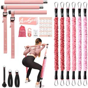 Upgraded Pilates Bar Kit with Resistance Bands Natural Latex for Women & Men, Heavy-Duty Stainless Steel Multifunctional Yoga Pilates Stick for Home Gym Exercise Fitness Equipment Full-Body Workouts (20/30/40lbs, Coral Pink)