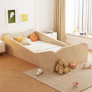 JOYMOR Toddler Bed, Floor Bed with Safety Guadrail, Montessori Toddler Bed with Animal Ear Shapes, Soft Velvet Wood Bed for Infant, Kids, Mattress not Included (Beige), Standard Crib