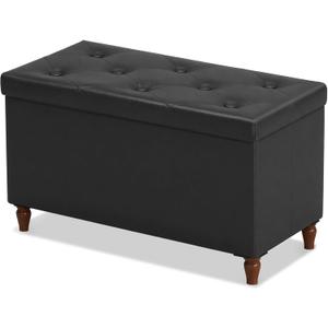 GLAXYFUR 30 Inches Storage Ottoman Bench with Wooden Legs, Faux Leather Folding Ottoman Foot Rest, Storage Bench for Living Room, Hallway & Bedroom, Black, 30"D x 15"W x 15.7"H