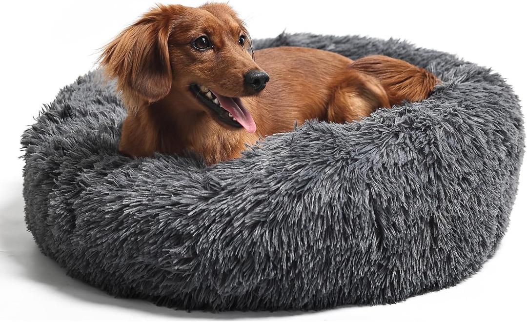 Round Calming Dog Beds for Medium Dogs 30 Inches Anti-Slip Donut Washable Plush Faux Fur Pet Bed fits up to 45 lbs Pets,Dark Gray