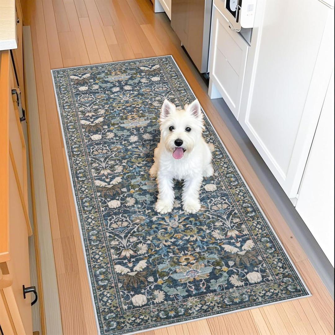 2x5 Decorative Vintage Hallway Runner: Washable Oriental Pet-Friendly Soft Carpet for Bathroom Bedroom Non-Slip Laundry Floor Mat - Low Pile Non-Shedding Rug for Apartments & Homes (2x5, Floral/Blue)
