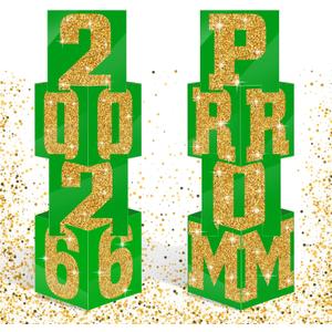 Queekay 8 Pcs Prom Column Standup Photo Booth Decorations 2026 Prom Backdrop Balloon Boxes Cardboard Decoration Column for Party College, 11.8 x 44.9 Inch(Green, Gold)