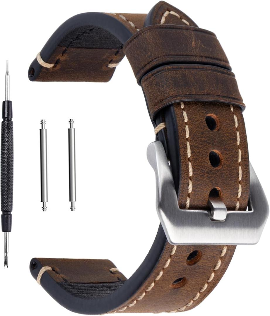 Dark Brown 24mm Genuine Leather Wristwatch Watch Band Oil Tan Vintage Strap for Men with Stainless Buckle