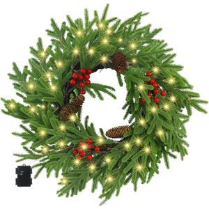 Ogrmar 20 Inch Christmas Wreath for Front Door, Real Touch Norfolk Pine Wreath with Light, Lighted Realistic Artificial Greenery Wreaths with PineCones & Berries for Wall Window Xmas Decor