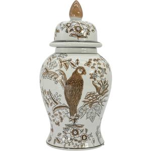 Galt International 14" Brown & White Floral Parrot Ceramic Porcelain Ginger Jar Floral Home Décor Jar Urn Shape Vase