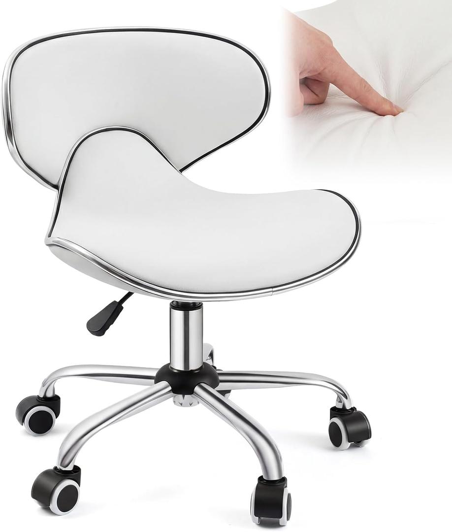 Geelin Pedicure Chair for Nail Tech, Ergonomic Back Support Rolling Stool, Adjustable Hydraulic Salon Spa Stool with Wheels, Swivel PU Leather Nail Tech Chair for Pedicure Tattoo Massage (White)