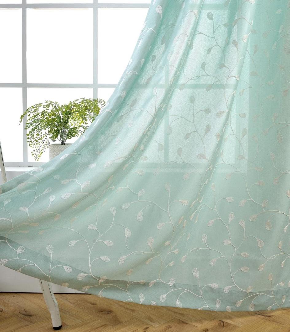 MIUCO Floral Embroidery Semi Sheer Curtains Faux Linen Grommet Panels for Living Room 52 x 84 Inch 2 Panels Set, Subtle Green (52"W x 84"L (Pack of 2))