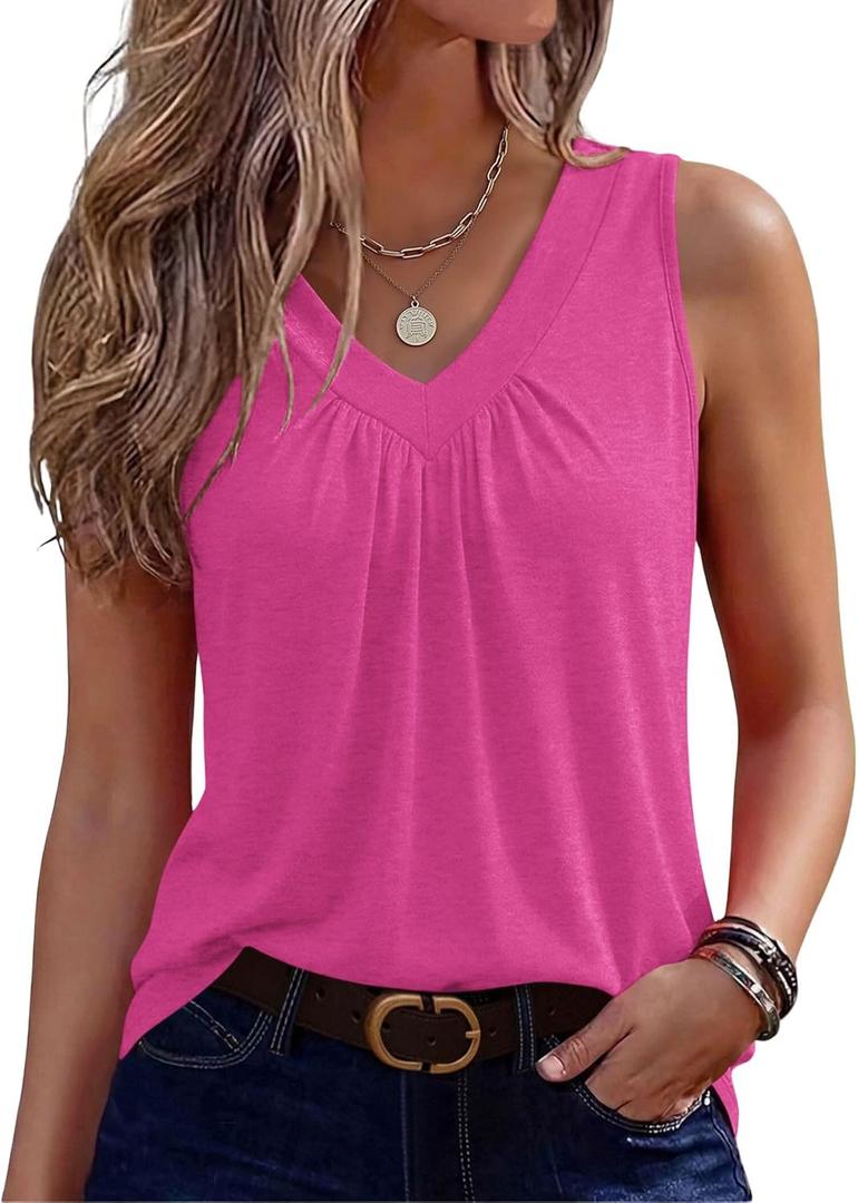 Zeagoo Womens Tank Tops Summer Sleeveless Loose Fit Tops V Neck Pleated Shirts Basic Tees Dressy Casual Trendy Clothes (Pink, XL)