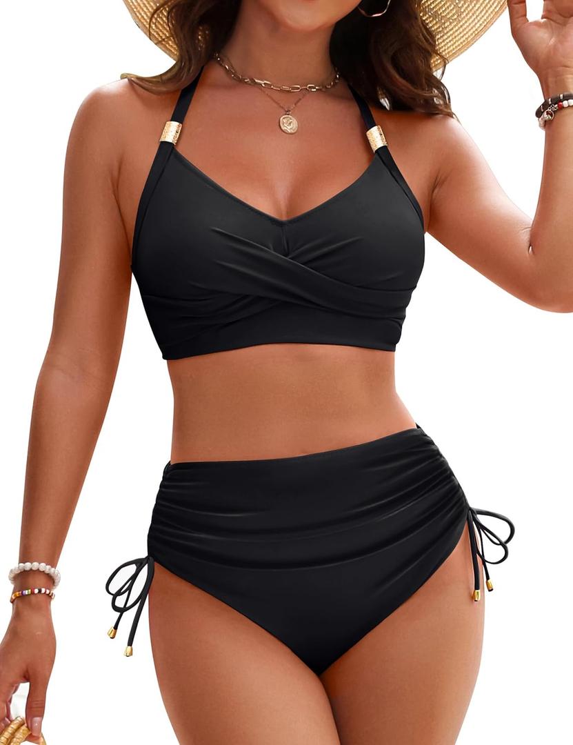 Blooming Jelly Womens High Waisted Bikini Sets Drawstring Tummy Control Swimsuits Crisscross Tie Back Bathing Suit (Medium, Black 043)
