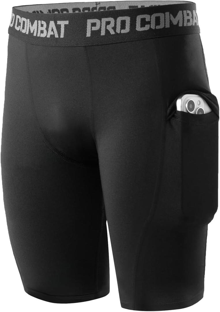 Niksa Boys' Compression Shorts, Youth Performance Base Layers Workout Underwear Sports Shorts with Side Pockets (X-Large, Black*1)