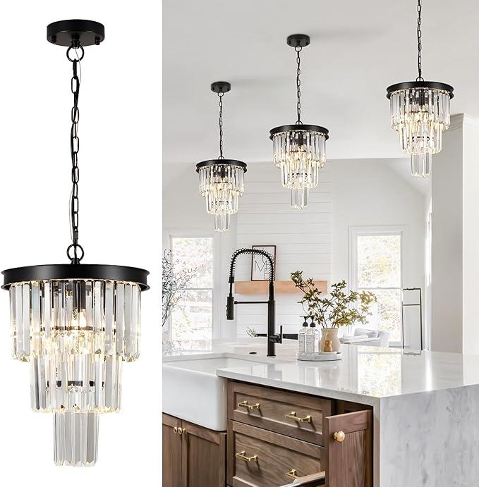 Black Crystal Pendant Light for Kitchen Island,Mini Crystal Chandeliers Modern for Dining Room,3 Tiers K9 Ceiling Pendant Light Fixture for Hallway Bedroom Closet