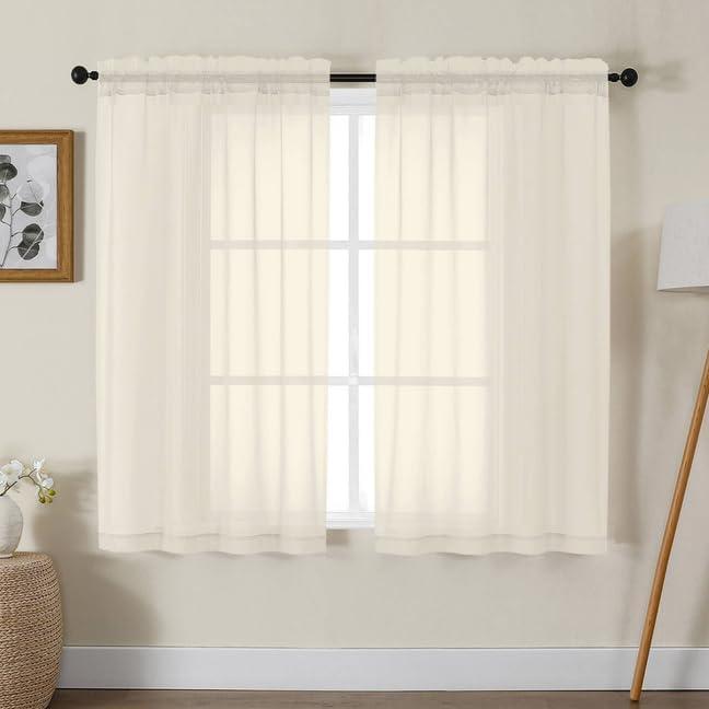Gwine Cream Sheer Curtains 48 Inches Long 2 Panels Set, Light Filtering Sheer Curtains for Living Room Bedroom, Modern Voile Soft Airy Rod Pocket Drapes, 42Wx48L Inch, 2PCS