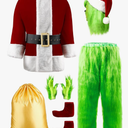 Halloween Costumes Adult, Green Costume 8PCS Christmas Santa Claus Costume for Men Cosplay Costume With Mask L