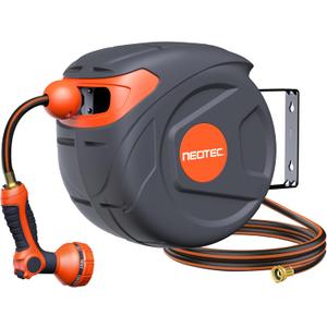 New Retractable Garden Hose Reel 1/2 inch x 50 ft Any Length Lock 9 Pattern Nozzle Wall-Mounted Automatic Slow Return 180 Swivel UV Resistant Heavy Duty Hose Reels for Outside