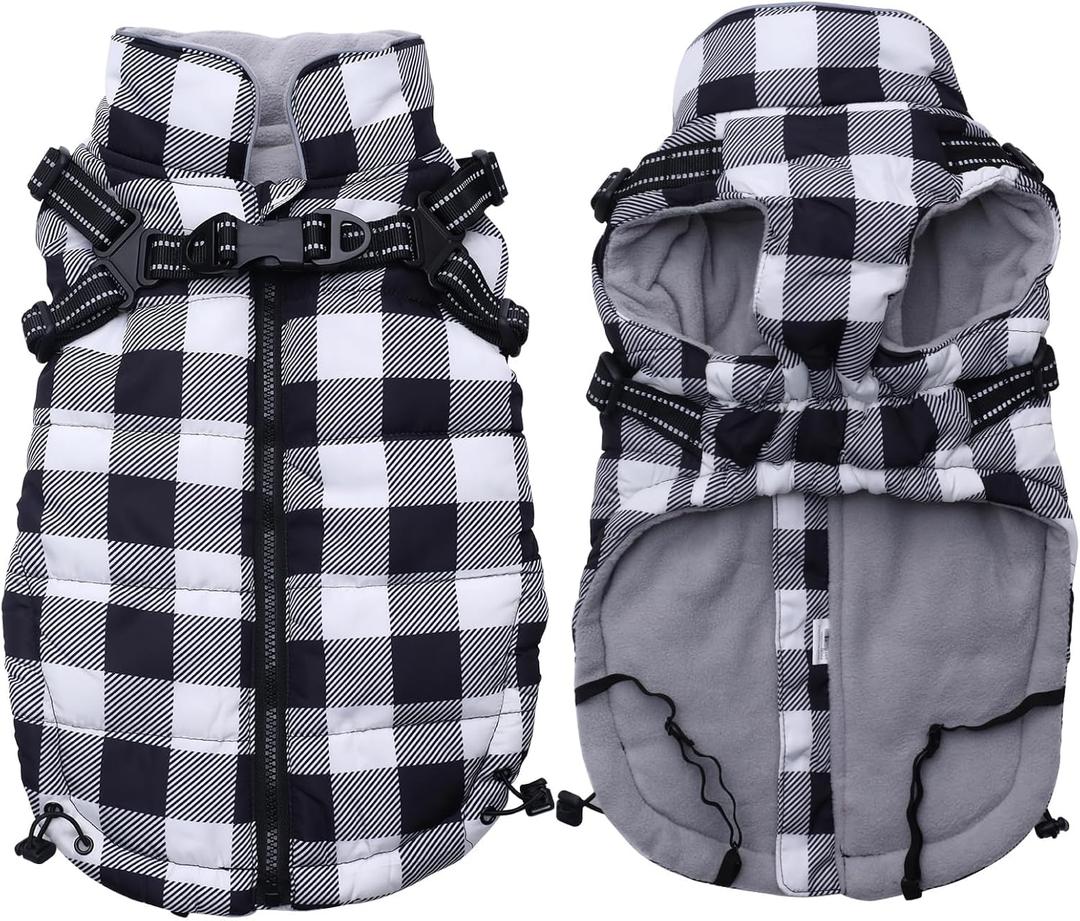 Dog Winter Jacket, Waterproof Dog Coat with Harness Built in, Puppy Vest Small Dog Clothes with Fleece Lining, Ideal for Outdoor and Indoor-Black/White-S