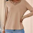 Dokotoo T Shirts for Women Casual Long Sleeve V Neck Lace Trim Tops Lightweight Solid Color Basic Tees Blouses (S)