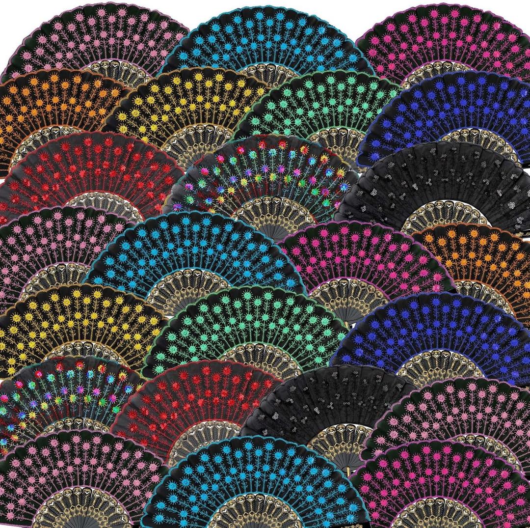 Geetery 50 Pcs Folding Chinese Hand Fan Bulk Different Flower Patterns Fabric Clacking Fans for Line Dancing for Popping Wedding Church Party(Embroidery,Elegant)