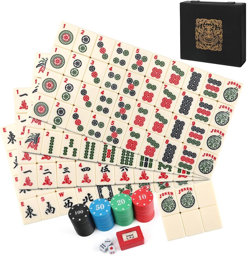 American Mahjong Tile Set, 166 Pcs Premium Mah Jong Tiles with Exquisite Storage Box, Include Instructions & Play-Chips, Mah Jongg Sets for Family & Friends Gatherings