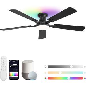 ZMISHIBO 52 Inch Smart Ceiling Fans with RGB Lights, Low Profile Flush Mount Ceiling Fan with Alexa/App/Remote Control, Dimmable 20W LED Light, Black Modern Fan for Living Room, Bedroom, Game Room