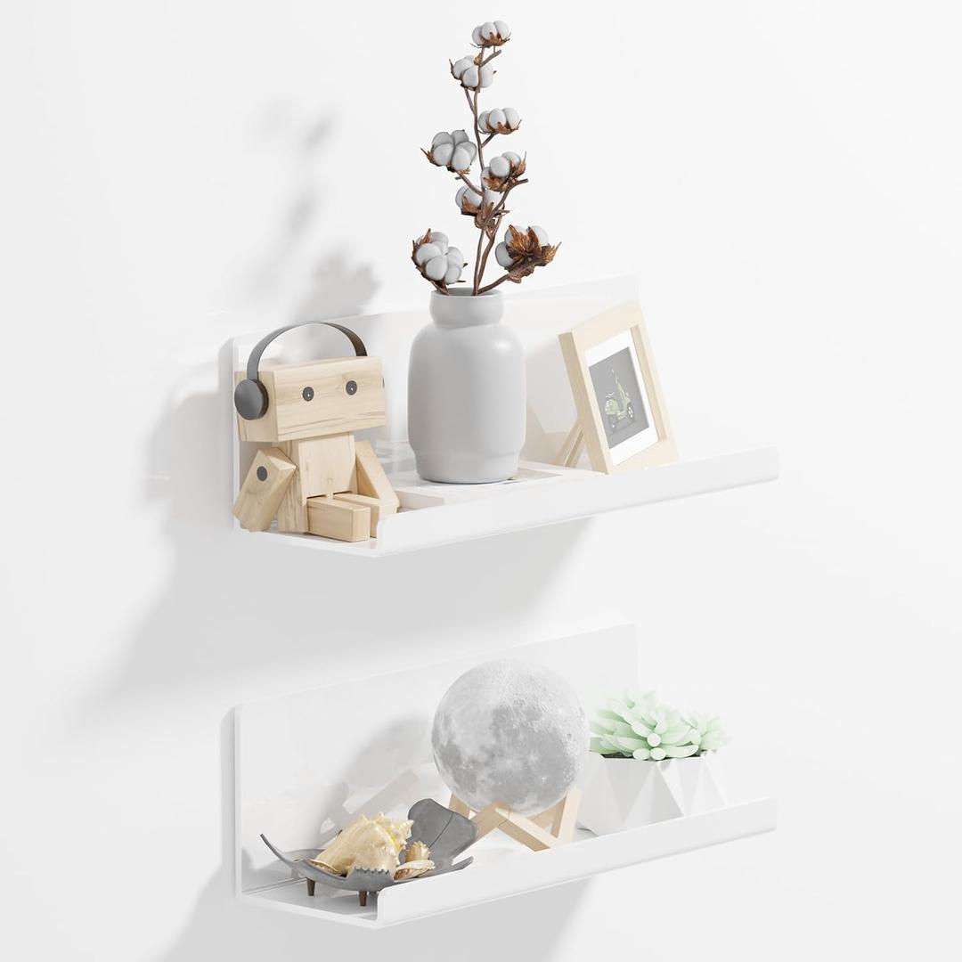 Acrylic Wall Floating Shelves Set of 2, White 12 Inch Adhesive Organizer for Bathroom, Kitchen, Bedroom, Office, Gaming Room, No Wall Damage, No Drill